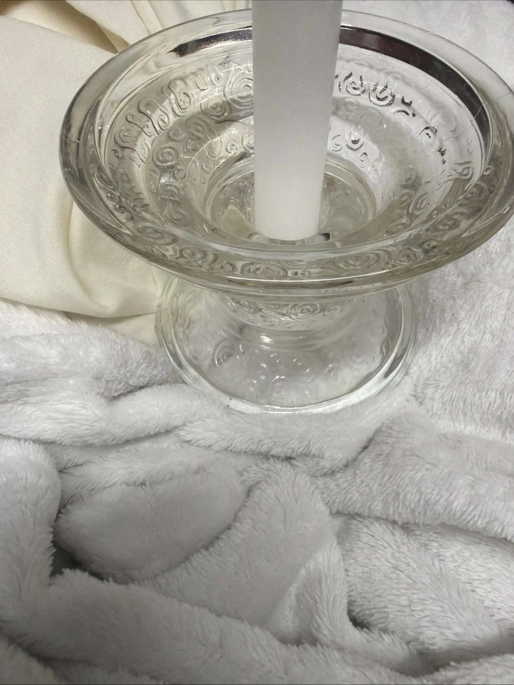 Clear Glass Pillar Candle Holder with White Taper Candle Vtg swirl